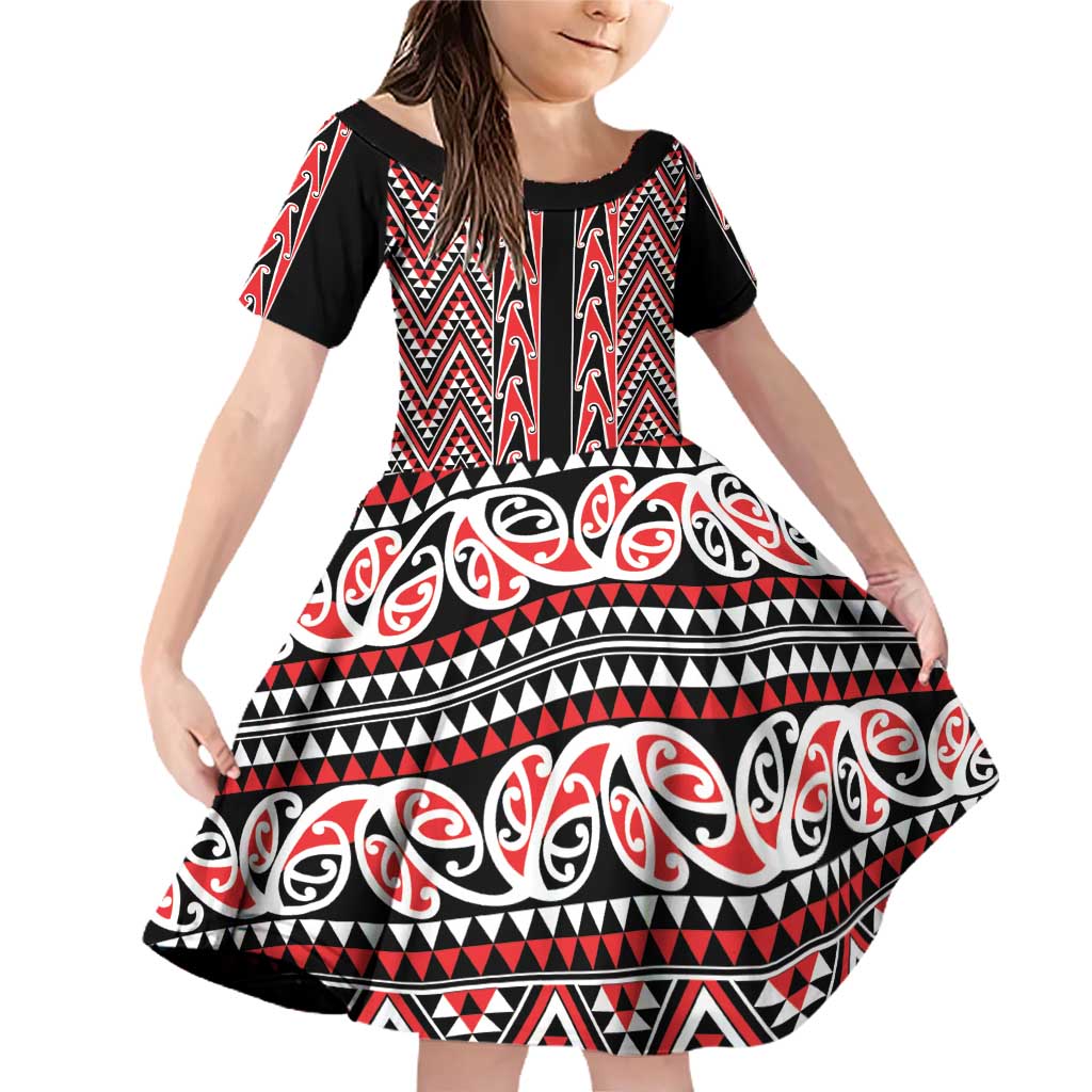 New Zealand Maori Niho Taniwha Family Matching Off Shoulder Short Dress and Hawaiian Shirt Whero Mangopare and Puhoro Pattern LT9 Daughter's Dress Red - Polynesian Pride