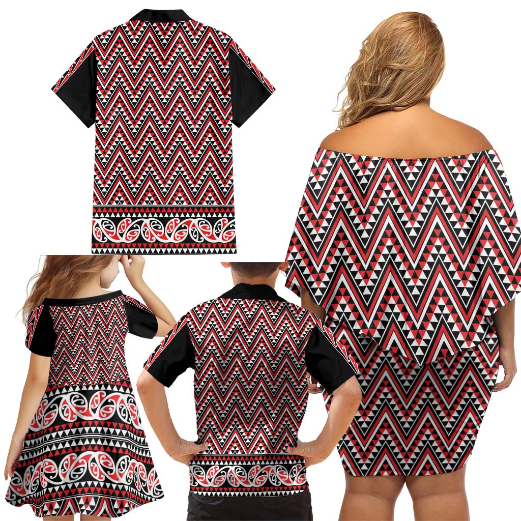New Zealand Maori Niho Taniwha Family Matching Off Shoulder Short Dress and Hawaiian Shirt Whero Mangopare and Puhoro Pattern LT9 - Polynesian Pride