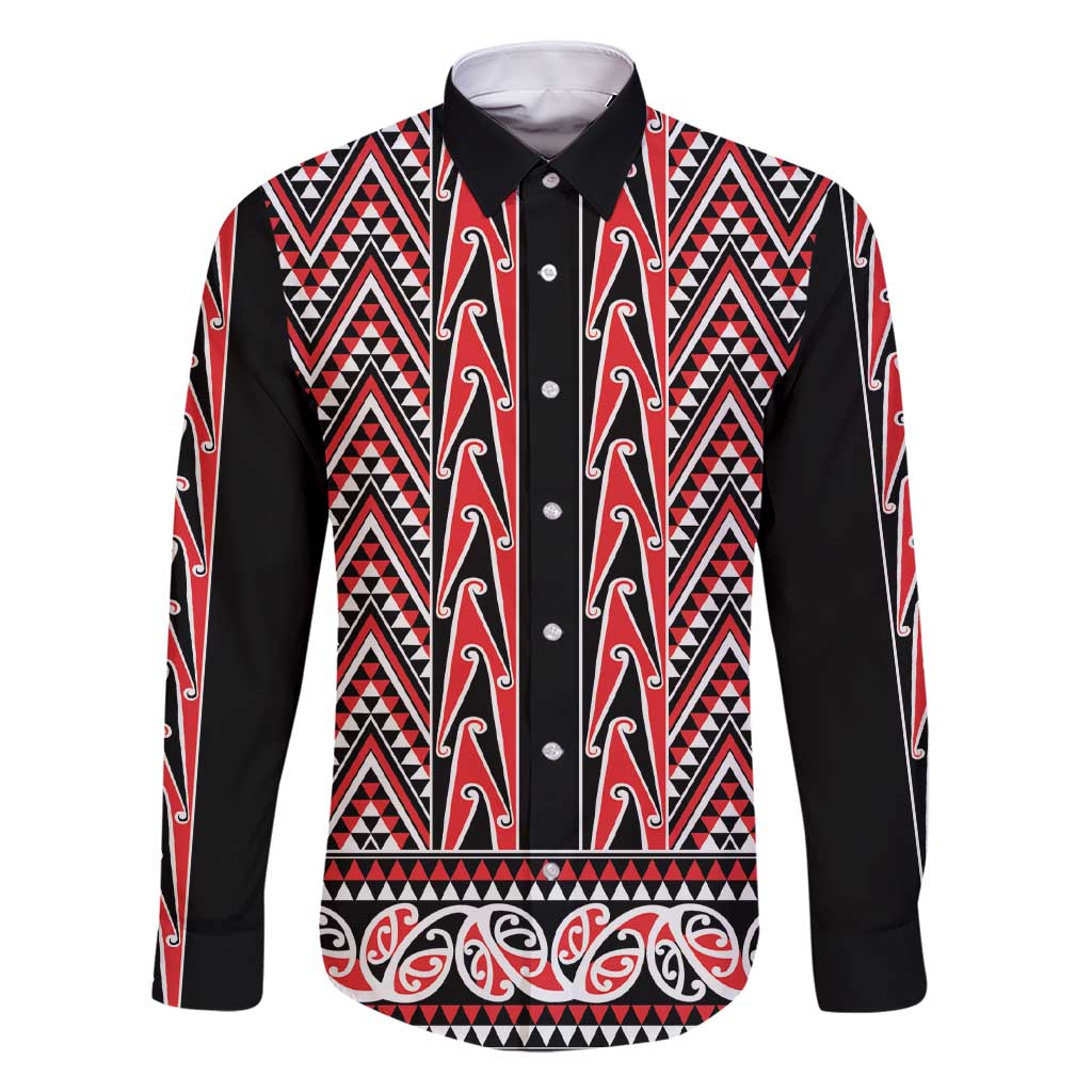 New Zealand Maori Niho Taniwha Family Matching Short Sleeve Bodycon Dress and Hawaiian Shirt Whero Mangopare and Puhoro Pattern LT9 Dad's Shirt - Long Sleeve Red - Polynesian Pride