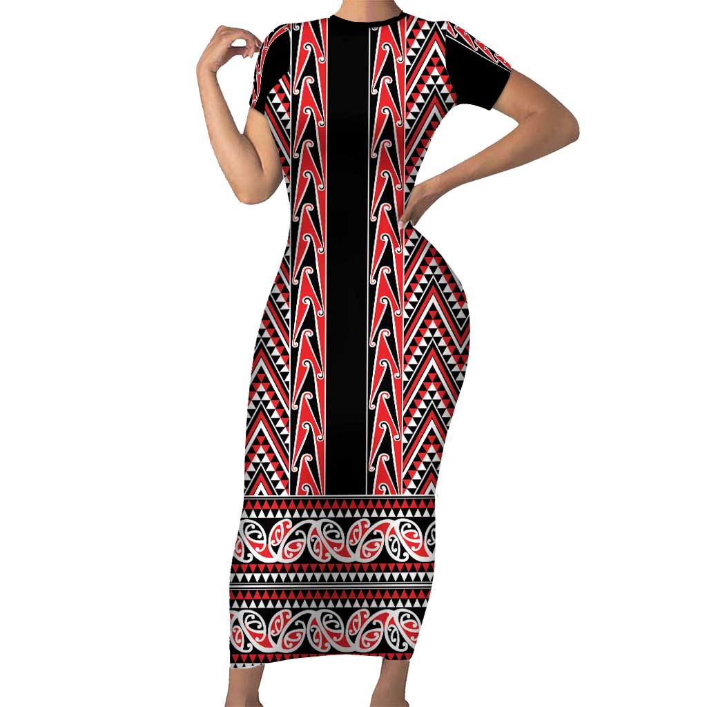 New Zealand Maori Niho Taniwha Family Matching Short Sleeve Bodycon Dress and Hawaiian Shirt Whero Mangopare and Puhoro Pattern LT9 Mom's Dress Red - Polynesian Pride