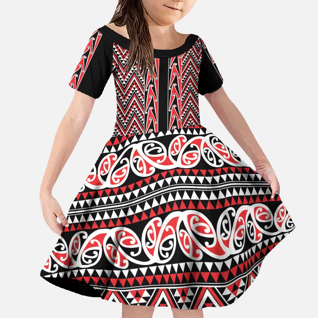 New Zealand Maori Niho Taniwha Family Matching Summer Maxi Dress and Hawaiian Shirt Whero Mangopare and Puhoro Pattern LT9 Daughter's Dress Red - Polynesian Pride