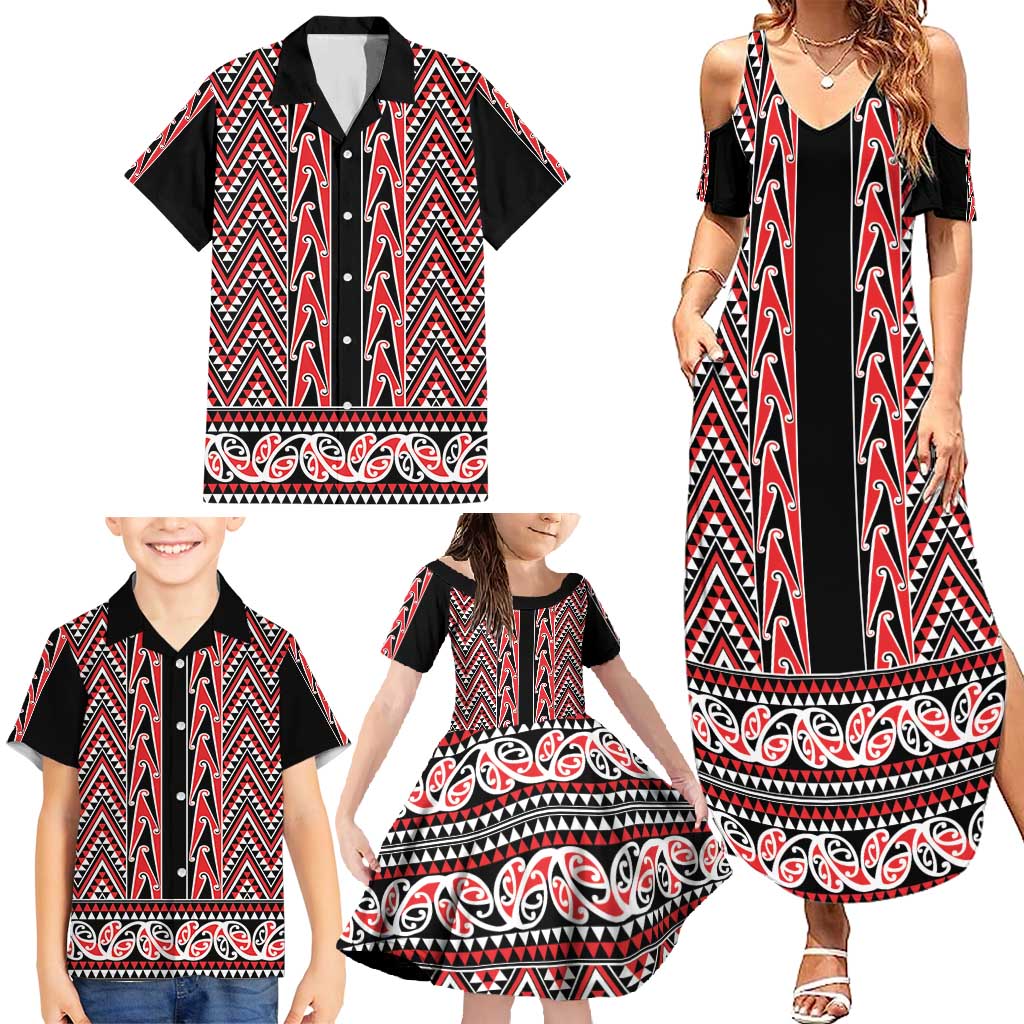 New Zealand Maori Niho Taniwha Family Matching Summer Maxi Dress and Hawaiian Shirt Whero Mangopare and Puhoro Pattern LT9 - Polynesian Pride