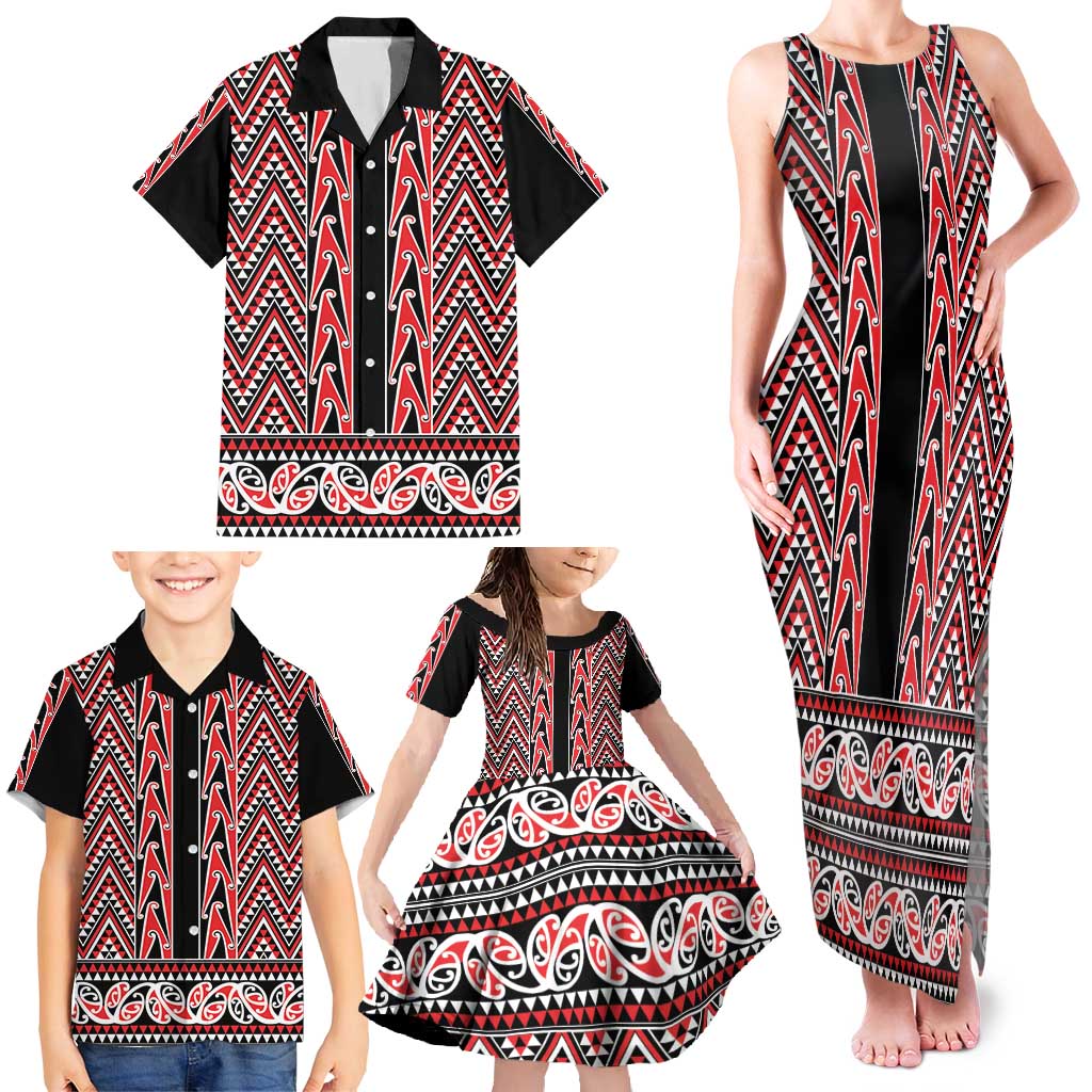 New Zealand Maori Niho Taniwha Family Matching Tank Maxi Dress and Hawaiian Shirt Whero Mangopare and Puhoro Pattern LT9 - Polynesian Pride