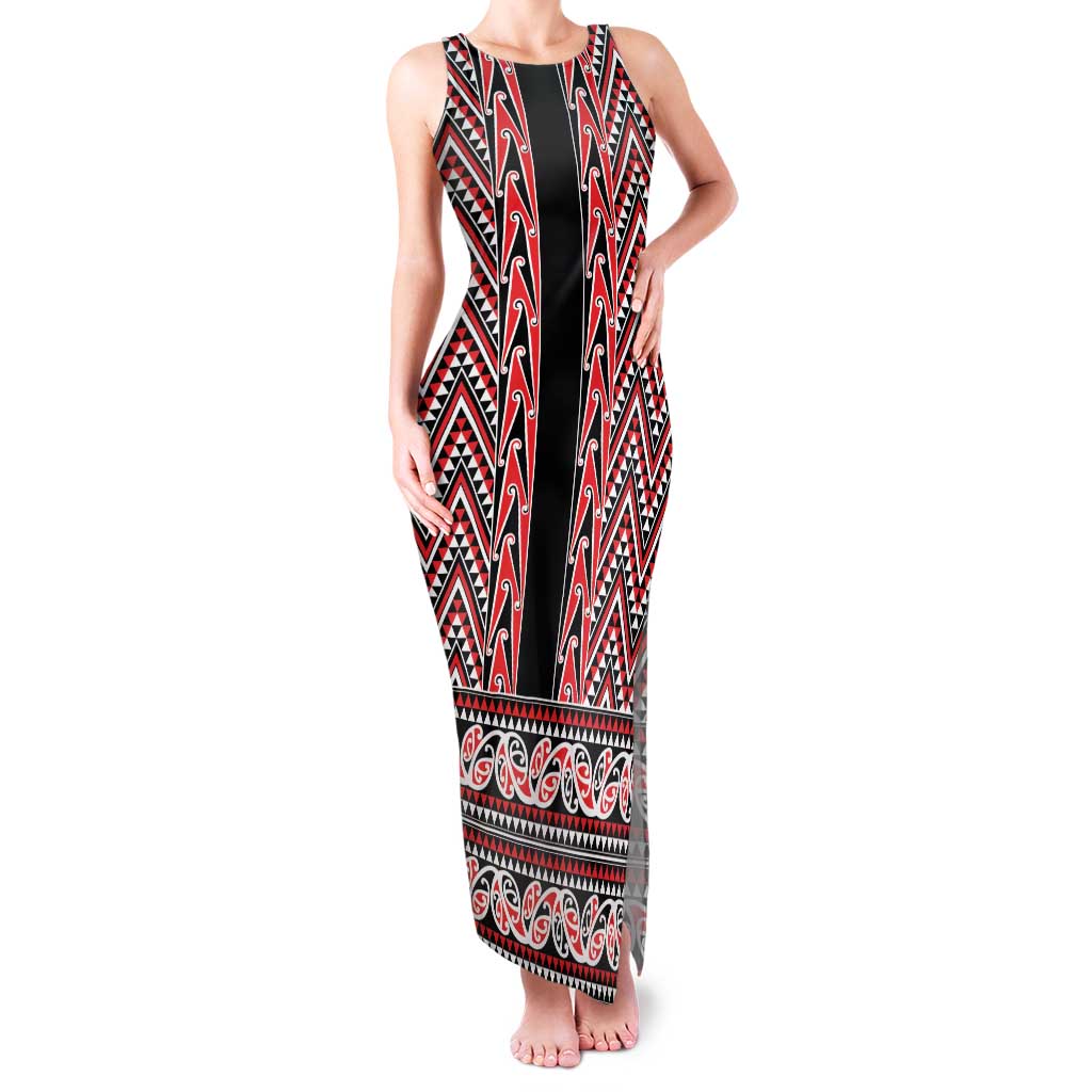 New Zealand Maori Niho Taniwha Family Matching Tank Maxi Dress and Hawaiian Shirt Whero Mangopare and Puhoro Pattern LT9 Mom's Dress Red - Polynesian Pride