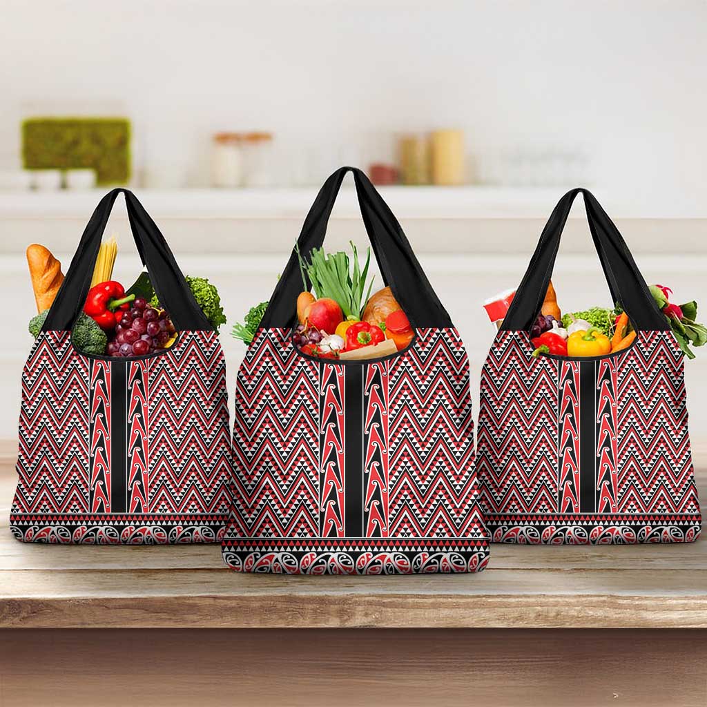 New Zealand Maori Niho Taniwha Grocery Bag Whero Mangopare and Puhoro Pattern