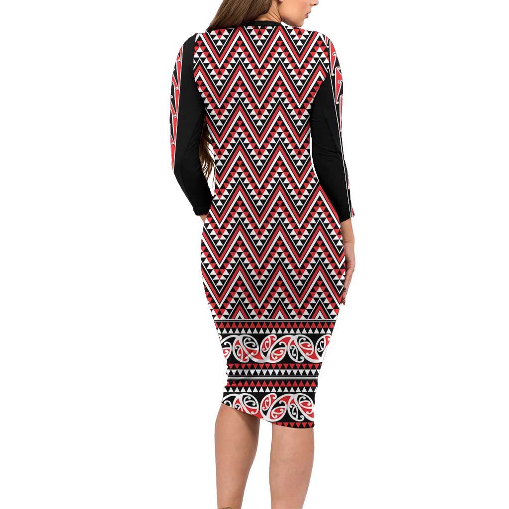 New Zealand Maori Niho Taniwha Long Sleeve Bodycon Dress Whero Mangopare and Puhoro Pattern