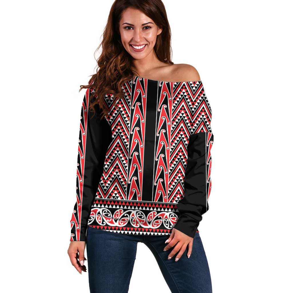 New Zealand Maori Niho Taniwha Off Shoulder Sweater Whero Mangopare and Puhoro Pattern
