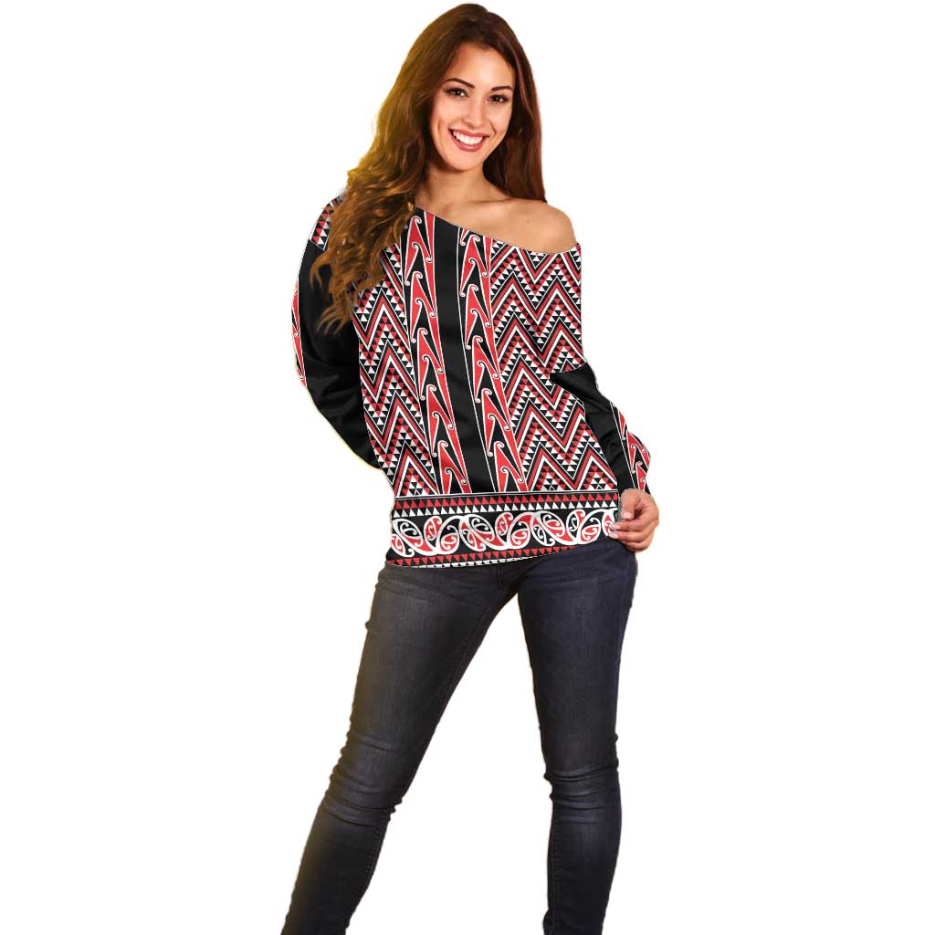 New Zealand Maori Niho Taniwha Off Shoulder Sweater Whero Mangopare and Puhoro Pattern