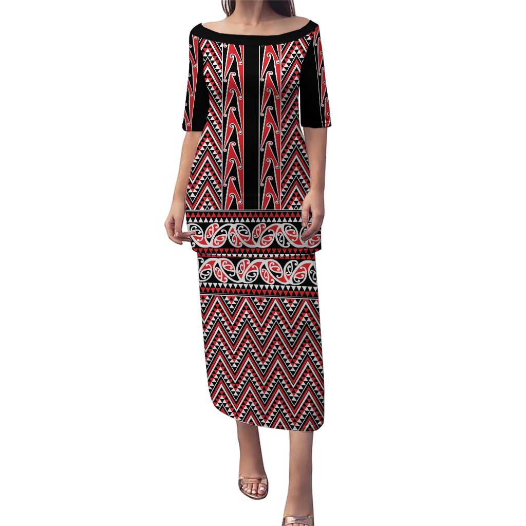New Zealand Maori Niho Taniwha Puletasi Whero Mangopare and Puhoro Pattern LT9 Long Dress Red - Polynesian Pride
