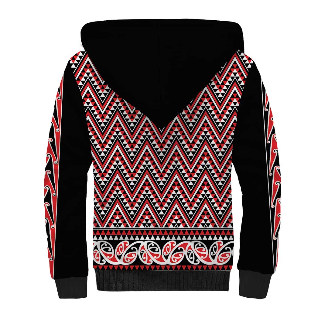 New Zealand Maori Niho Taniwha Sherpa Hoodie Whero Mangopare and Puhoro Pattern