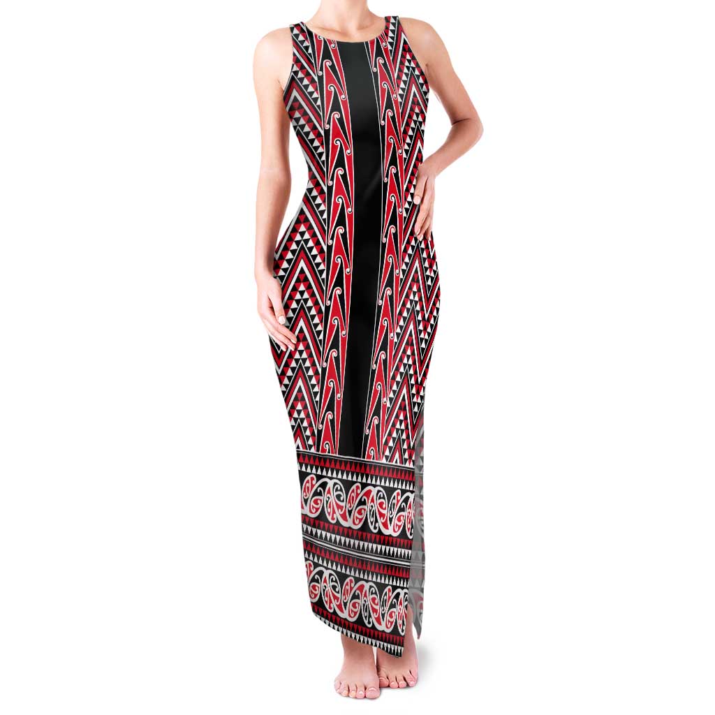 New Zealand Maori Niho Taniwha Tank Maxi Dress Whero Mangopare and Puhoro Pattern