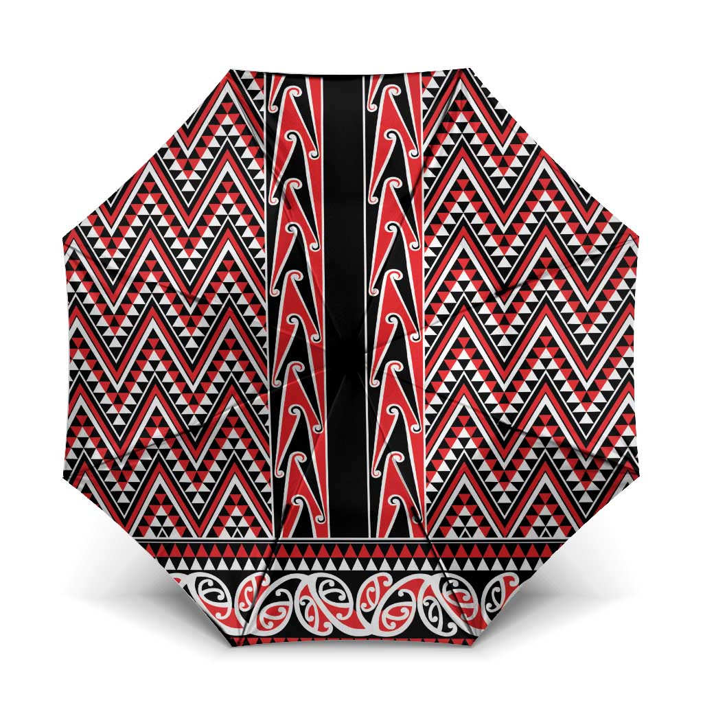 New Zealand Maori Niho Taniwha Umbrella Whero Mangopare and Puhoro Pattern LT9 One Size Folded 11.42 inch Opened Diameter 37.4 inch Red - Polynesian Pride