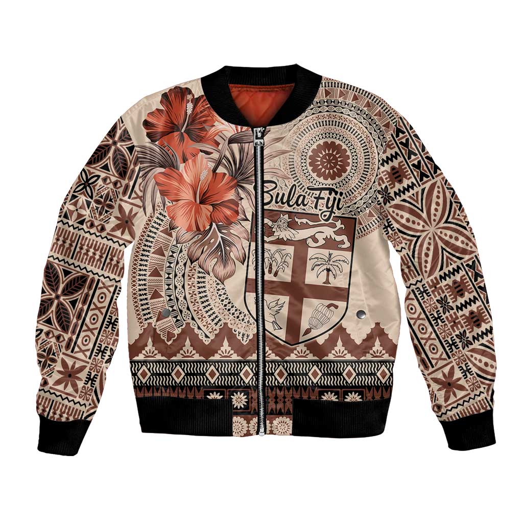 Vintage Bula Fiji Personalised Bomber Jacket Beige Hibiscus Tapa Pattern