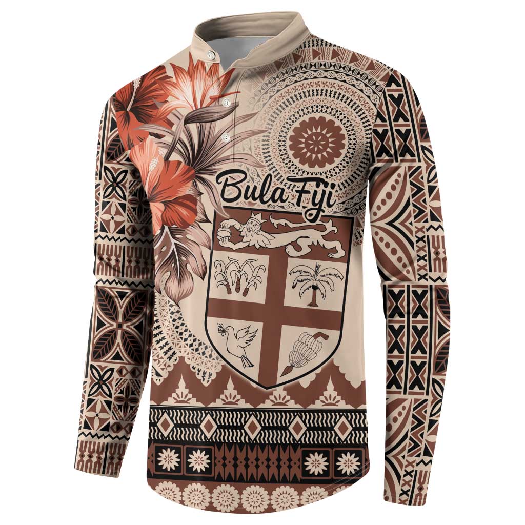 Vintage Bula Fiji Personalised Button Sweatshirt Beige Hibiscus Tapa Pattern