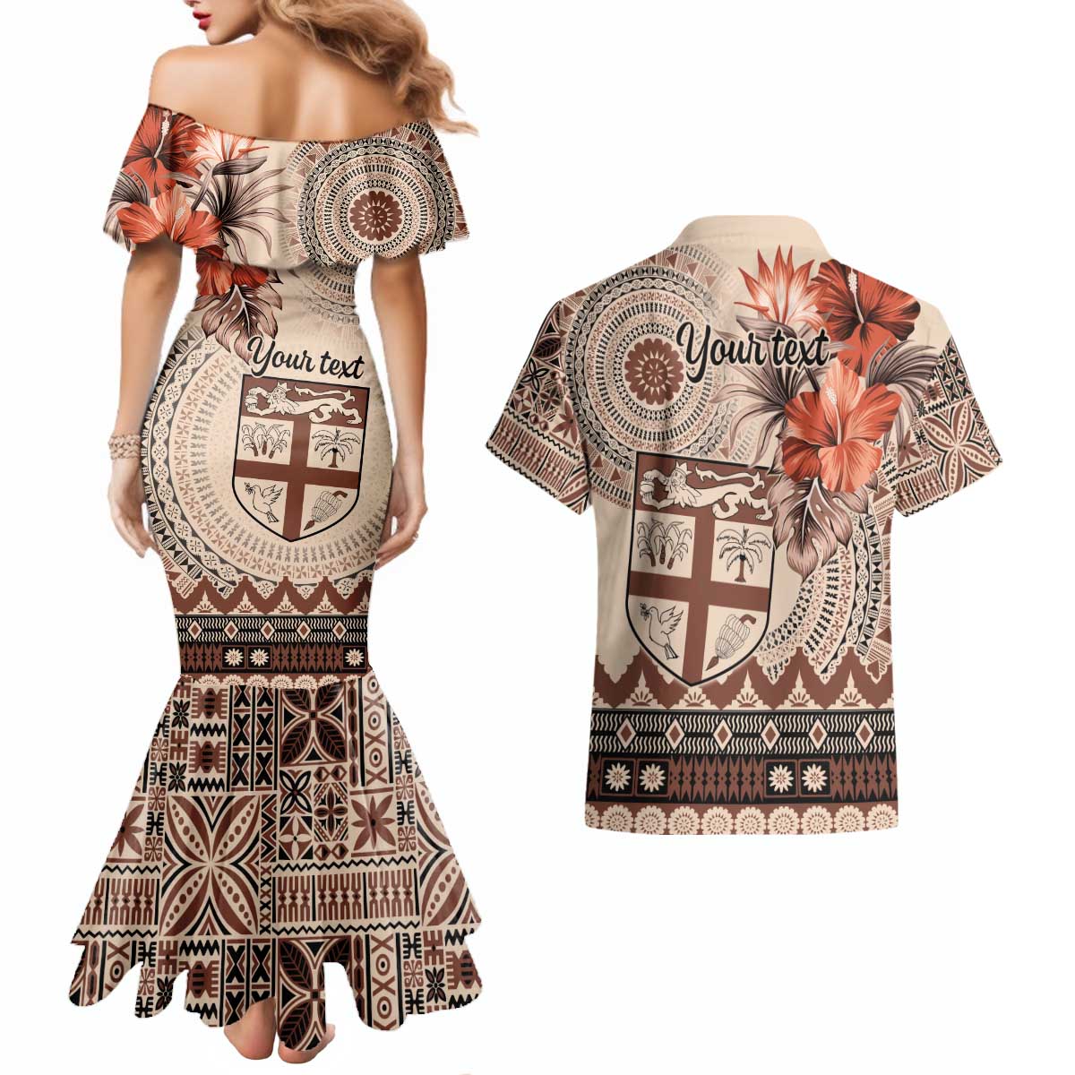 Vintage Bula Fiji Personalised Couples Matching Mermaid Dress and Hawaiian Shirt Beige Hibiscus Tapa Pattern