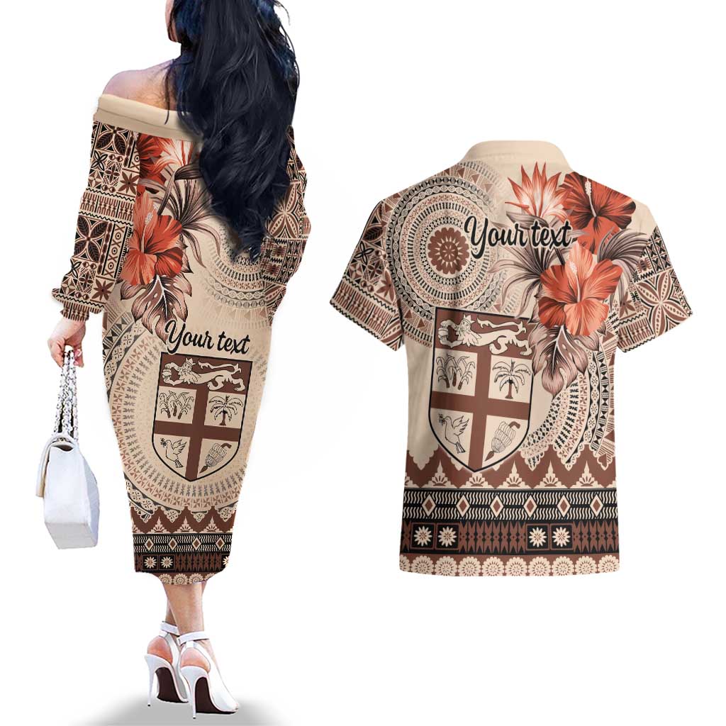 Vintage Bula Fiji Personalised Couples Matching Off The Shoulder Long Sleeve Dress and Hawaiian Shirt Beige Hibiscus Tapa Pattern