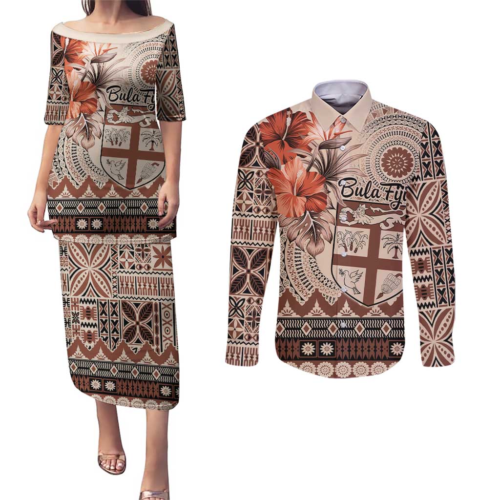 Vintage Bula Fiji Personalised Couples Matching Puletasi and Long Sleeve Button Shirt Beige Hibiscus Tapa Pattern