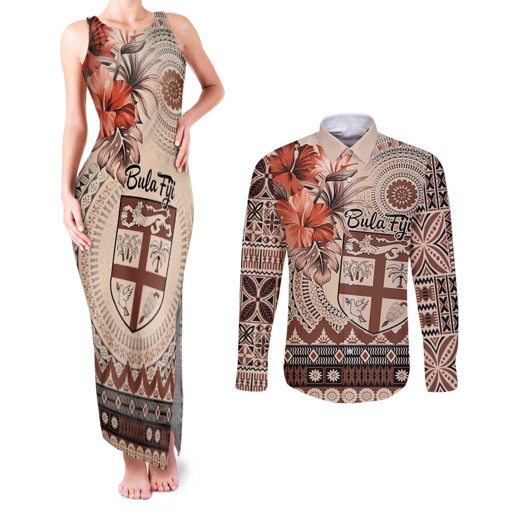 Vintage Bula Fiji Personalised Couples Matching Tank Maxi Dress and Long Sleeve Button Shirt Beige Hibiscus Tapa Pattern LT9 Beige - Polynesian Pride