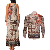 Vintage Bula Fiji Personalised Couples Matching Tank Maxi Dress and Long Sleeve Button Shirt Beige Hibiscus Tapa Pattern LT9 - Polynesian Pride
