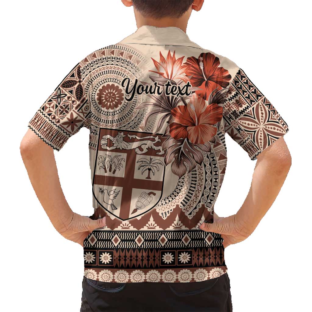 Vintage Bula Fiji Personalised Family Matching Long Sleeve Bodycon Dress and Hawaiian Shirt Beige Hibiscus Tapa Pattern LT9 - Polynesian Pride