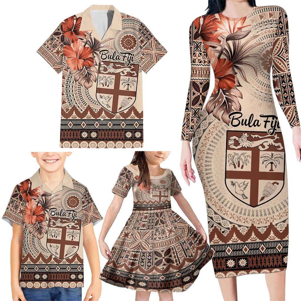 Vintage Bula Fiji Personalised Family Matching Long Sleeve Bodycon Dress and Hawaiian Shirt Beige Hibiscus Tapa Pattern LT9 - Polynesian Pride