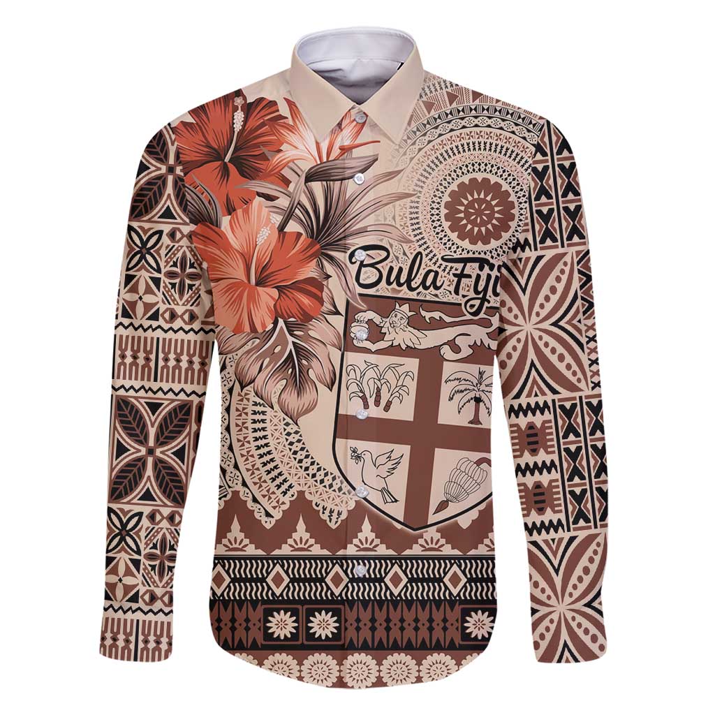 Vintage Bula Fiji Personalised Family Matching Long Sleeve Bodycon Dress and Hawaiian Shirt Beige Hibiscus Tapa Pattern LT9 Dad's Shirt - Long Sleeve Beige - Polynesian Pride