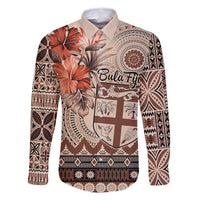 Vintage Bula Fiji Personalised Family Matching Long Sleeve Bodycon Dress and Hawaiian Shirt Beige Hibiscus Tapa Pattern LT9 Dad's Shirt - Long Sleeve Beige - Polynesian Pride