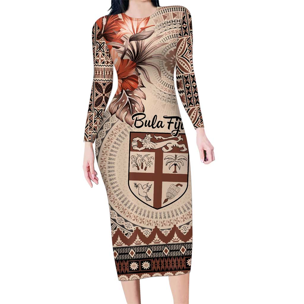 Vintage Bula Fiji Personalised Family Matching Long Sleeve Bodycon Dress and Hawaiian Shirt Beige Hibiscus Tapa Pattern LT9 Mom's Dress Beige - Polynesian Pride