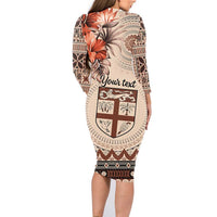 Vintage Bula Fiji Personalised Family Matching Long Sleeve Bodycon Dress and Hawaiian Shirt Beige Hibiscus Tapa Pattern LT9 - Polynesian Pride
