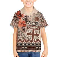 Vintage Bula Fiji Personalised Family Matching Long Sleeve Bodycon Dress and Hawaiian Shirt Beige Hibiscus Tapa Pattern LT9 Son's Shirt Beige - Polynesian Pride