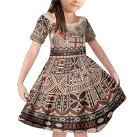 Vintage Bula Fiji Personalised Family Matching Mermaid Dress and Hawaiian Shirt Beige Hibiscus Tapa Pattern LT9 Daughter's Dress Beige - Polynesian Pride