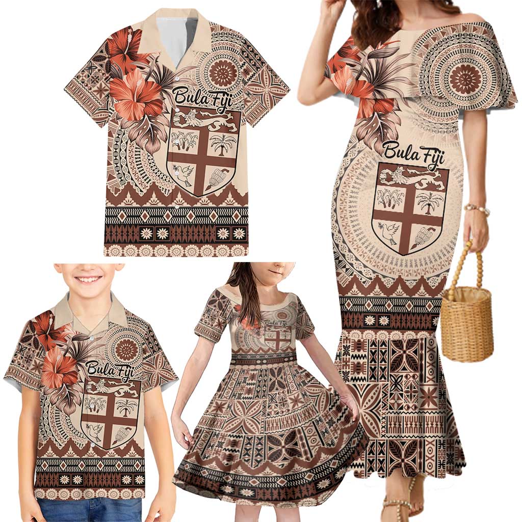 Vintage Bula Fiji Personalised Family Matching Mermaid Dress and Hawaiian Shirt Beige Hibiscus Tapa Pattern LT9 - Polynesian Pride