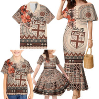 Vintage Bula Fiji Personalised Family Matching Mermaid Dress and Hawaiian Shirt Beige Hibiscus Tapa Pattern LT9 - Polynesian Pride