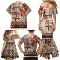 Vintage Bula Fiji Personalised Family Matching Mermaid Dress and Hawaiian Shirt Beige Hibiscus Tapa Pattern LT9 - Polynesian Pride