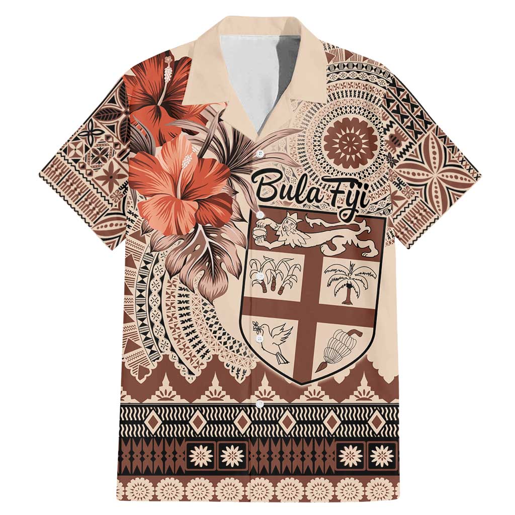 Vintage Bula Fiji Personalised Family Matching Mermaid Dress and Hawaiian Shirt Beige Hibiscus Tapa Pattern LT9 Dad's Shirt - Short Sleeve Beige - Polynesian Pride