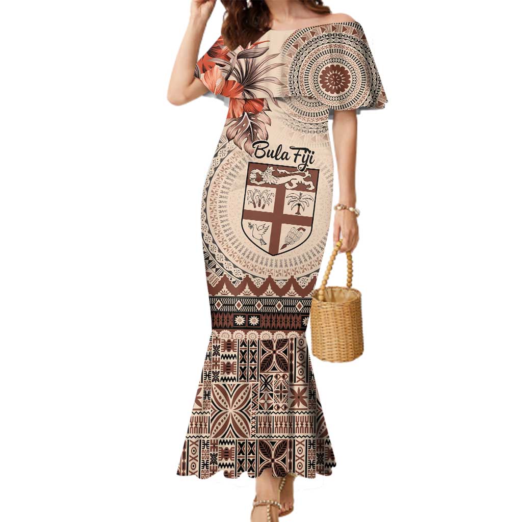 Vintage Bula Fiji Personalised Family Matching Mermaid Dress and Hawaiian Shirt Beige Hibiscus Tapa Pattern LT9 Mom's Dress Beige - Polynesian Pride