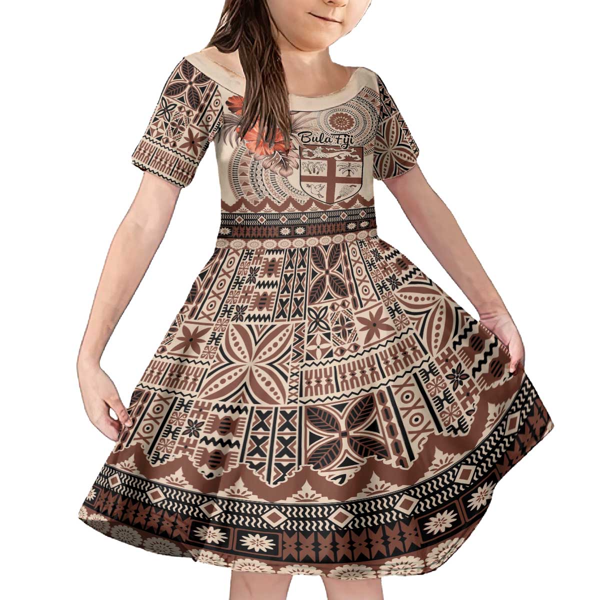 Vintage Bula Fiji Personalised Family Matching Off The Shoulder Long Sleeve Dress and Hawaiian Shirt Beige Hibiscus Tapa Pattern LT9 Daughter's Dress Beige - Polynesian Pride