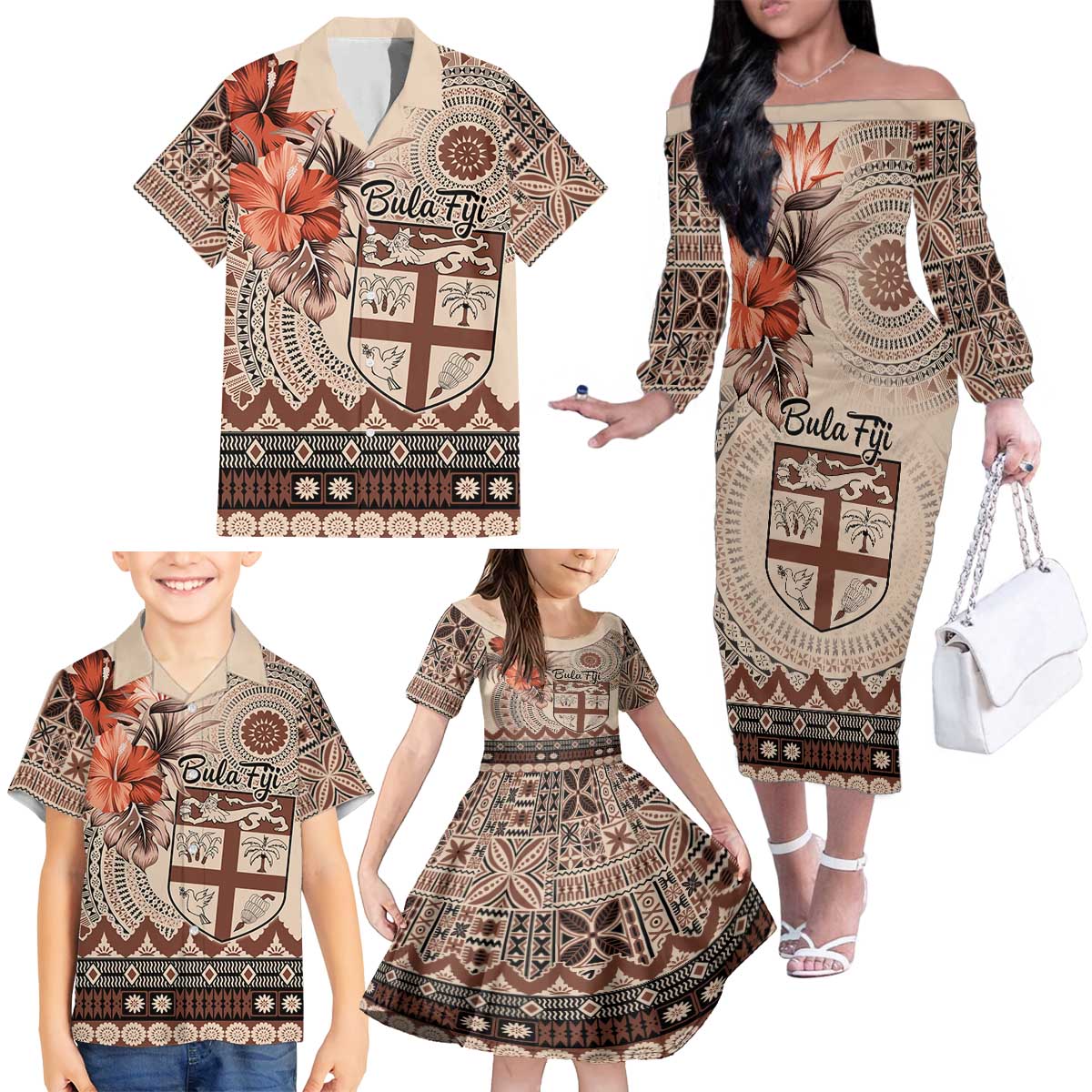 Vintage Bula Fiji Personalised Family Matching Off The Shoulder Long Sleeve Dress and Hawaiian Shirt Beige Hibiscus Tapa Pattern LT9 - Polynesian Pride