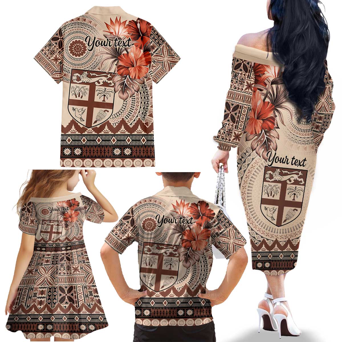 Vintage Bula Fiji Personalised Family Matching Off The Shoulder Long Sleeve Dress and Hawaiian Shirt Beige Hibiscus Tapa Pattern LT9 - Polynesian Pride
