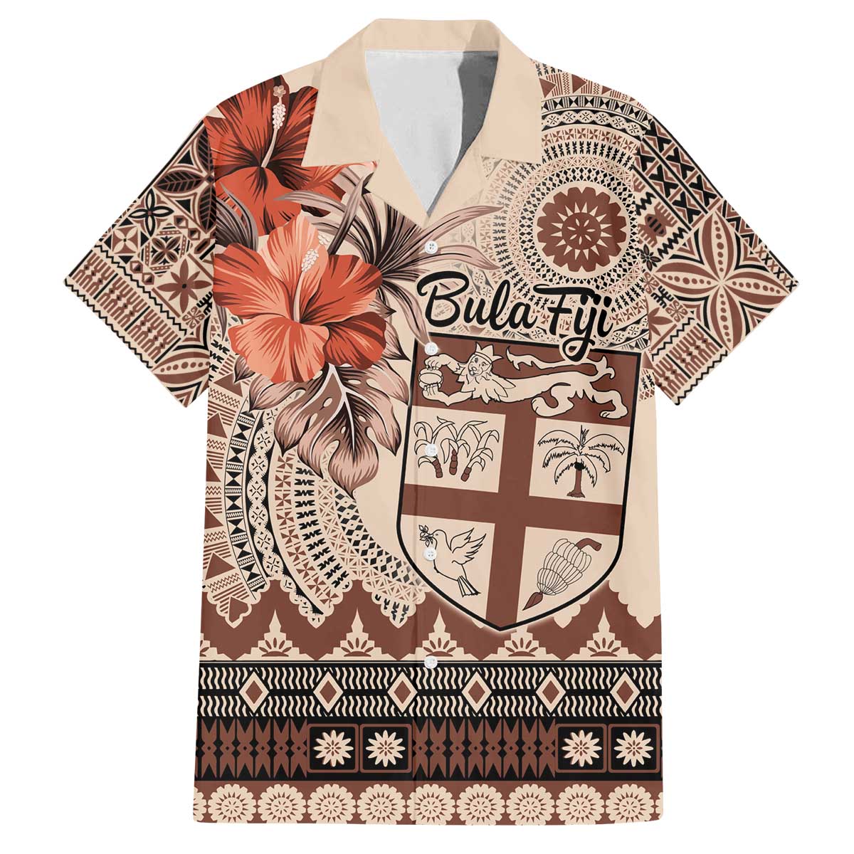 Vintage Bula Fiji Personalised Family Matching Off The Shoulder Long Sleeve Dress and Hawaiian Shirt Beige Hibiscus Tapa Pattern LT9 Dad's Shirt - Short Sleeve Beige - Polynesian Pride