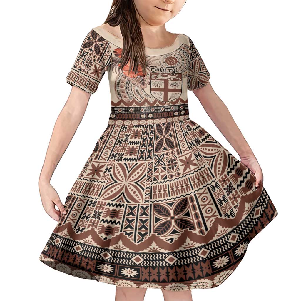 Vintage Bula Fiji Personalised Family Matching Off Shoulder Maxi Dress and Hawaiian Shirt Beige Hibiscus Tapa Pattern LT9 Daughter's Dress Beige - Polynesian Pride