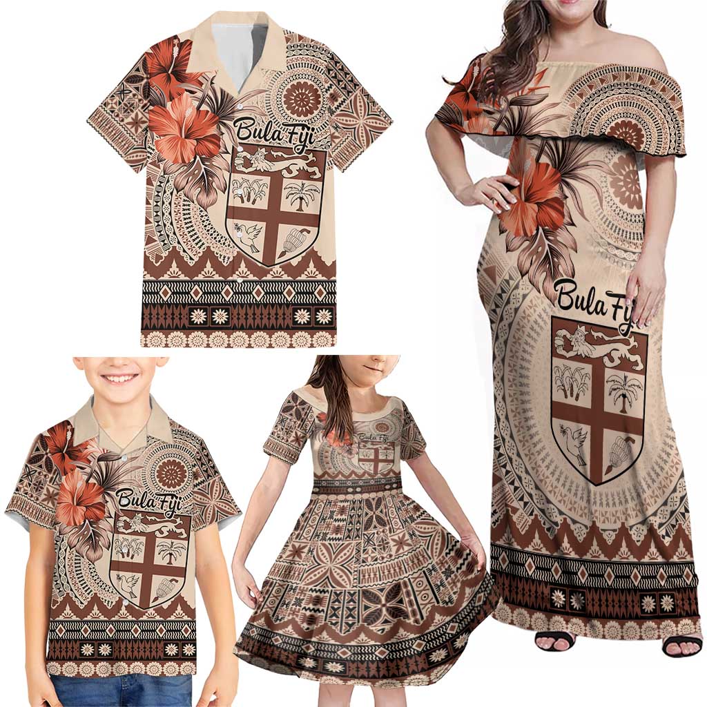 Vintage Bula Fiji Personalised Family Matching Off Shoulder Maxi Dress and Hawaiian Shirt Beige Hibiscus Tapa Pattern LT9 - Polynesian Pride
