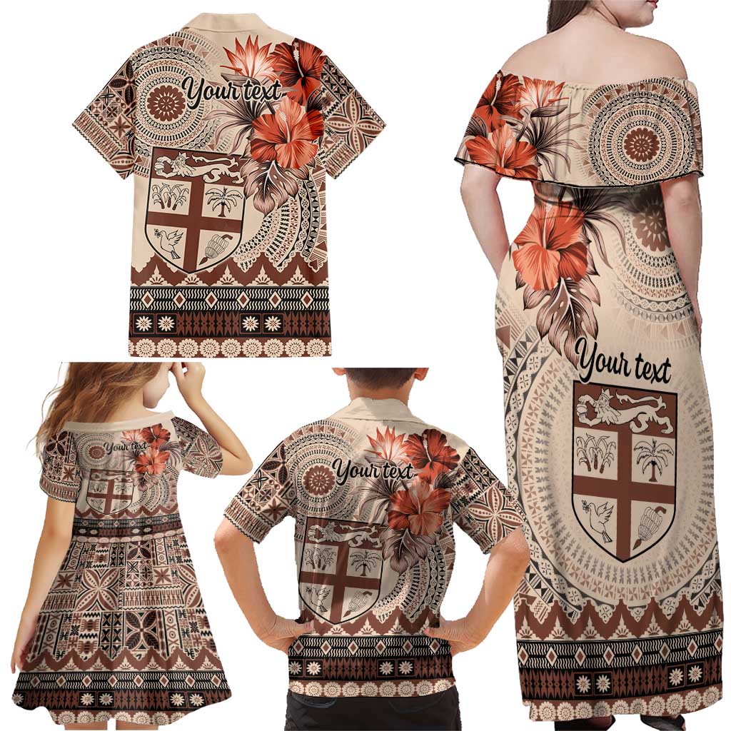 Vintage Bula Fiji Personalised Family Matching Off Shoulder Maxi Dress and Hawaiian Shirt Beige Hibiscus Tapa Pattern LT9 - Polynesian Pride