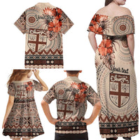 Vintage Bula Fiji Personalised Family Matching Off Shoulder Maxi Dress and Hawaiian Shirt Beige Hibiscus Tapa Pattern LT9 - Polynesian Pride