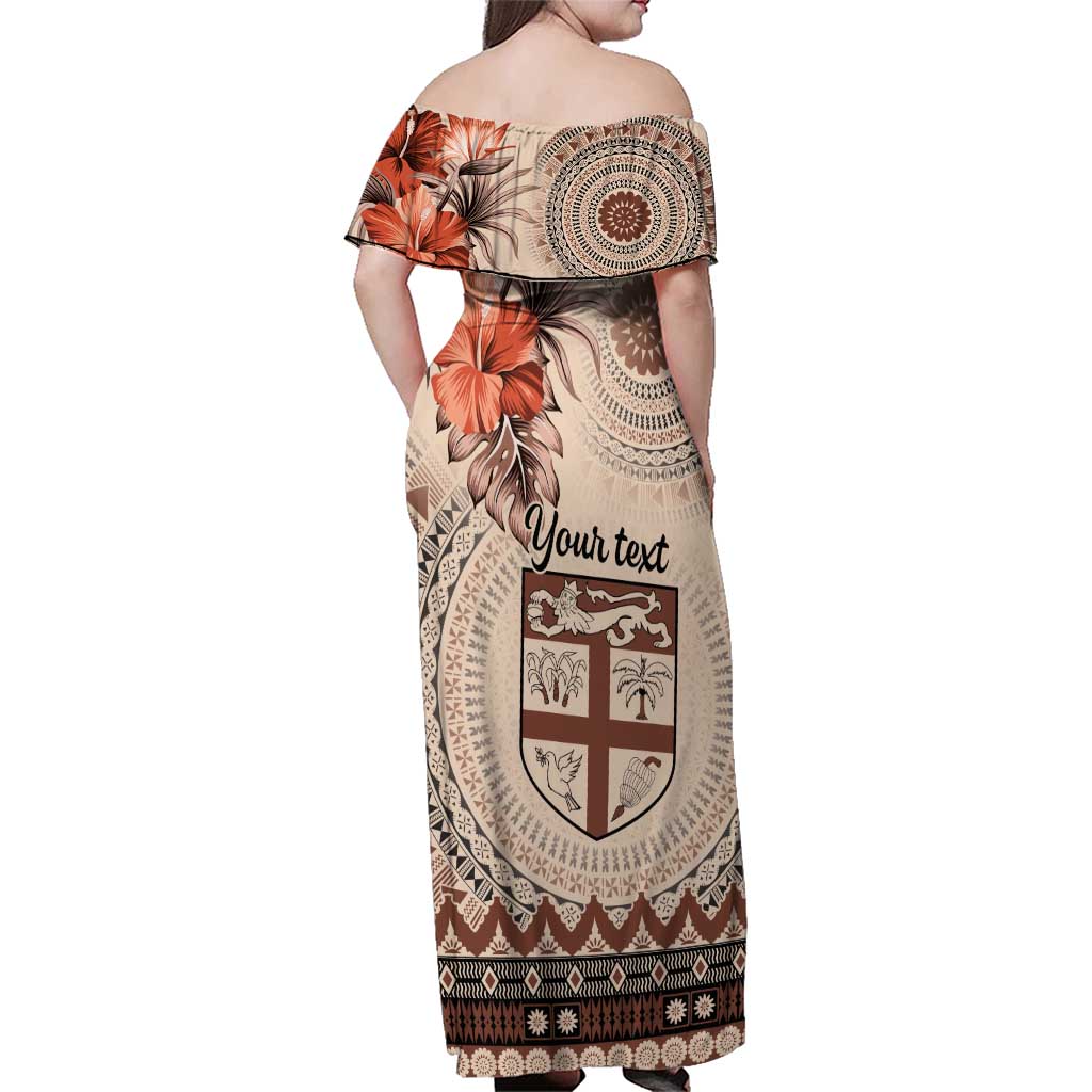 Vintage Bula Fiji Personalised Family Matching Off Shoulder Maxi Dress and Hawaiian Shirt Beige Hibiscus Tapa Pattern LT9 - Polynesian Pride