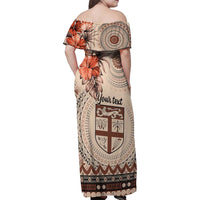 Vintage Bula Fiji Personalised Family Matching Off Shoulder Maxi Dress and Hawaiian Shirt Beige Hibiscus Tapa Pattern LT9 - Polynesian Pride