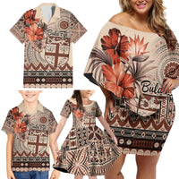 Vintage Bula Fiji Personalised Family Matching Off Shoulder Short Dress and Hawaiian Shirt Beige Hibiscus Tapa Pattern LT9 - Polynesian Pride