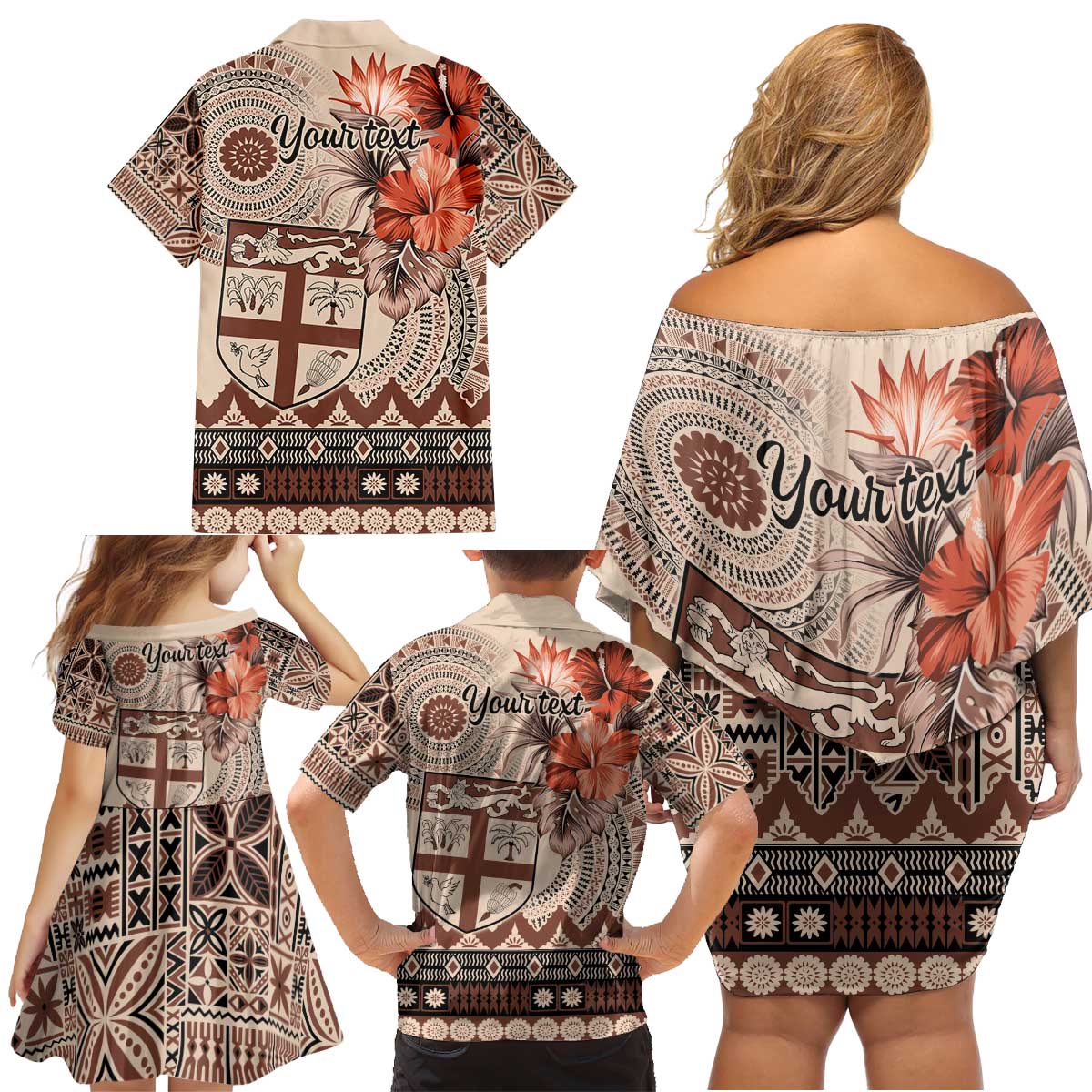 Vintage Bula Fiji Personalised Family Matching Off Shoulder Short Dress and Hawaiian Shirt Beige Hibiscus Tapa Pattern LT9 - Polynesian Pride