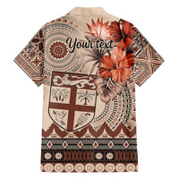 Vintage Bula Fiji Personalised Family Matching Off Shoulder Short Dress and Hawaiian Shirt Beige Hibiscus Tapa Pattern LT9 - Polynesian Pride