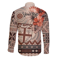 Vintage Bula Fiji Personalised Family Matching Off Shoulder Short Dress and Hawaiian Shirt Beige Hibiscus Tapa Pattern LT9 - Polynesian Pride